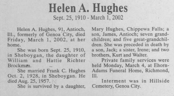 Obituary for Helen A. Hughes, 1910-2002 (Aged 91)